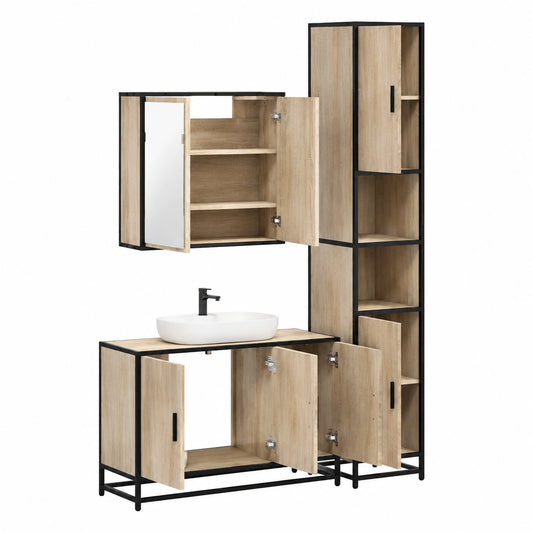 Conjunto de Muebles de Baño Roble Sonoma, 3 Piezas con Espejo y Armarios, Espacio Amplio