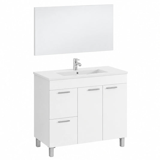 Mueble de Baño Moderno con Espejo, 2 Puertas y 2 Cajones, Blanco Brillo, 80x80x45 cm
