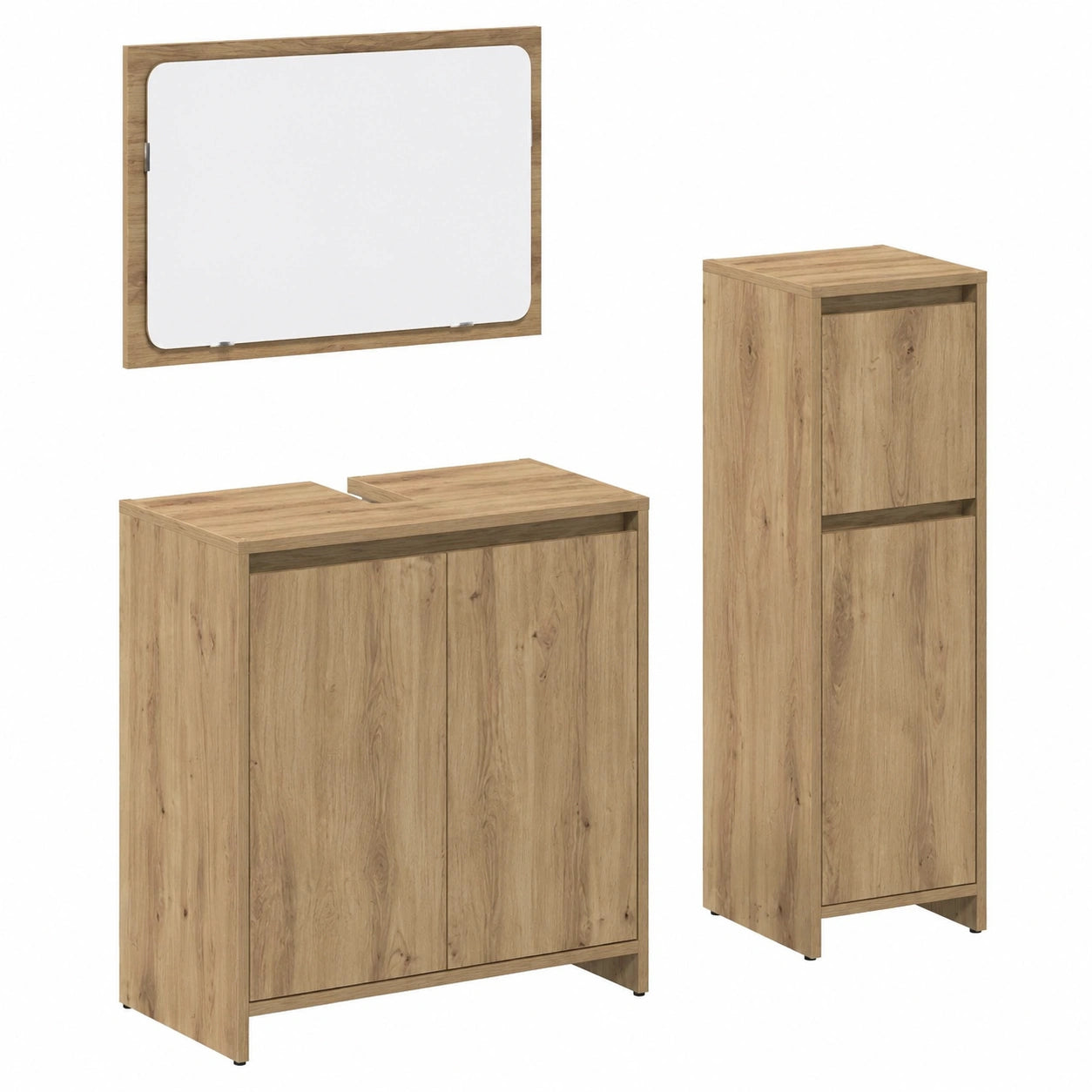 Conjunto de muebles de baño de roble artesanal, 3 piezas duraderas con espejo y armario alto