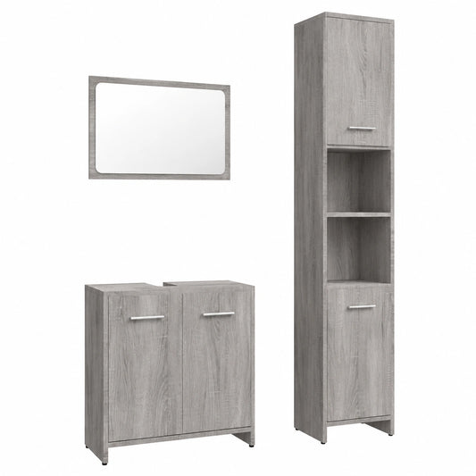 Conjunto de Muebles Baño 3 Piezas con Armario Alto, Tocador, Espejo y Lavabo en Madera Gris Sonoma