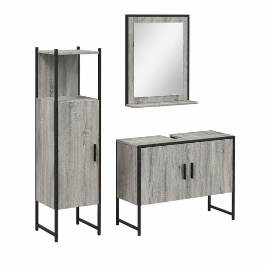 Conjunto de Muebles de Baño 3 Piezas con Armarios de Lavabo y Espejo de Pared, Almacenamiento en Madera Contrachapada Gris Sonoma