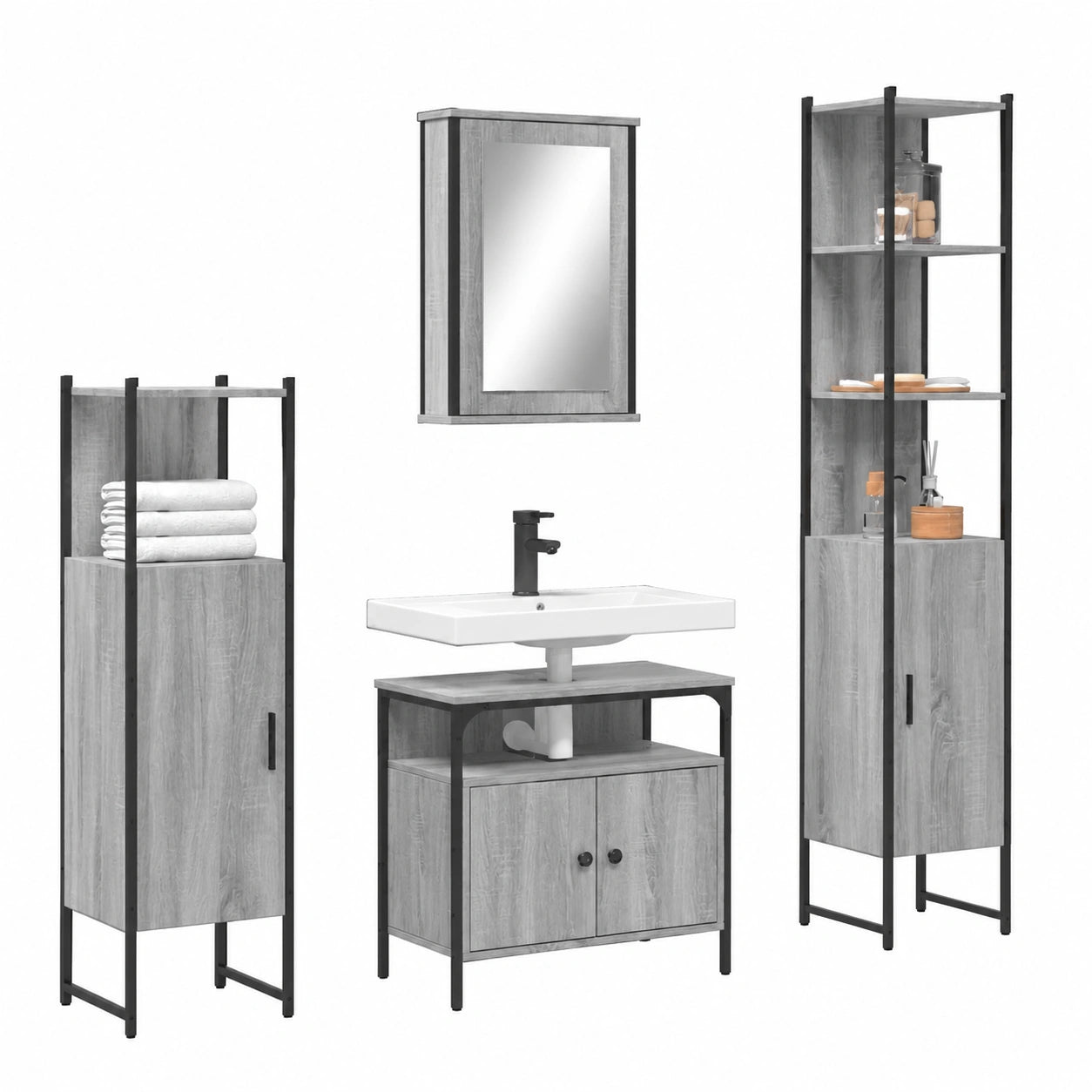 Conjunto de muebles de baño Sonoma de madera, 4 piezas con armario espejado, bajo lavabo y almacenamiento alto