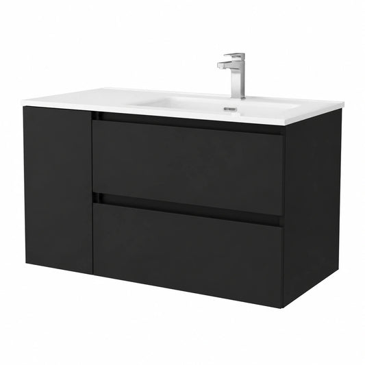 Mueble de Baño Bequia 100 cm con Lavabo de Cerámica y Puerta Izquierda en Negro Mate