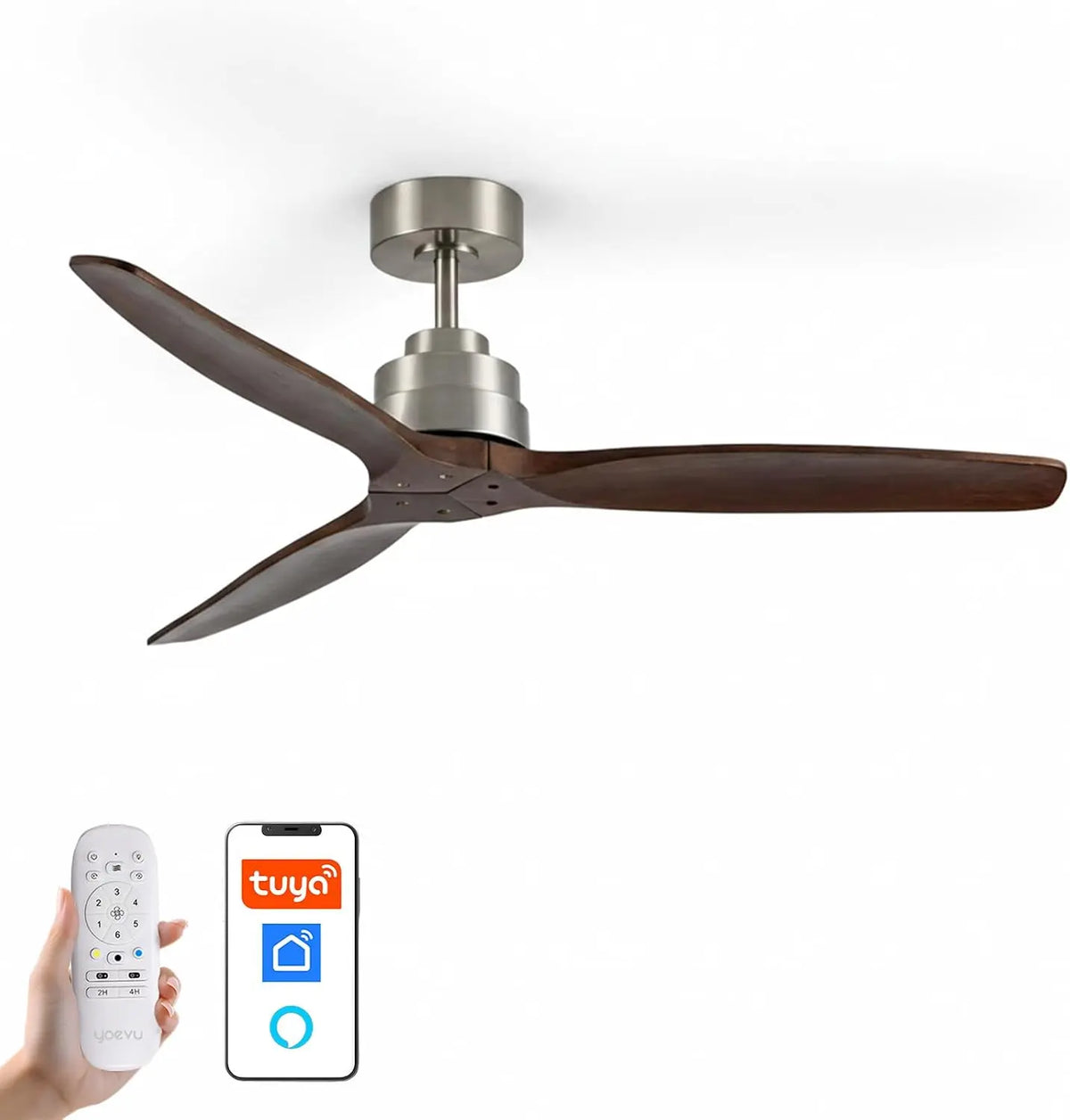 YOEVU H¨¦LIX Ventilador de Techo sin Luz, Mando a Distancia, 132 cm, Nogal