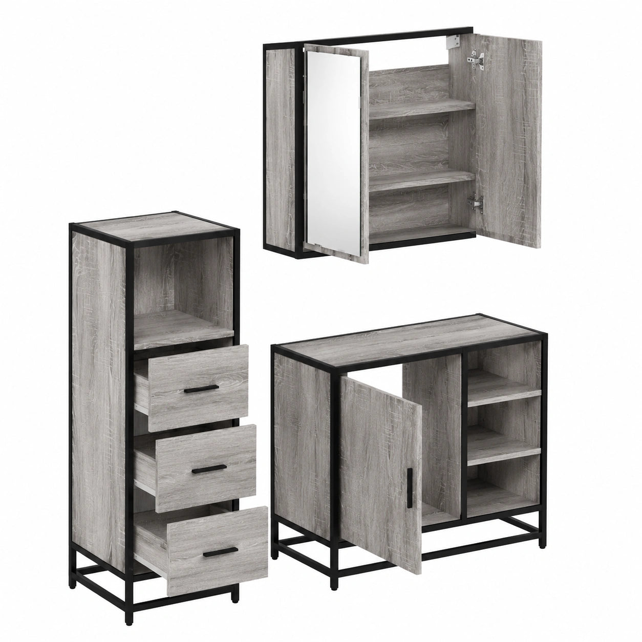 Conjunto de Muebles de Baño de Madera Sonoma, 3 Piezas: Armario con Espejo, Bajo Lavabo y Armario Alto