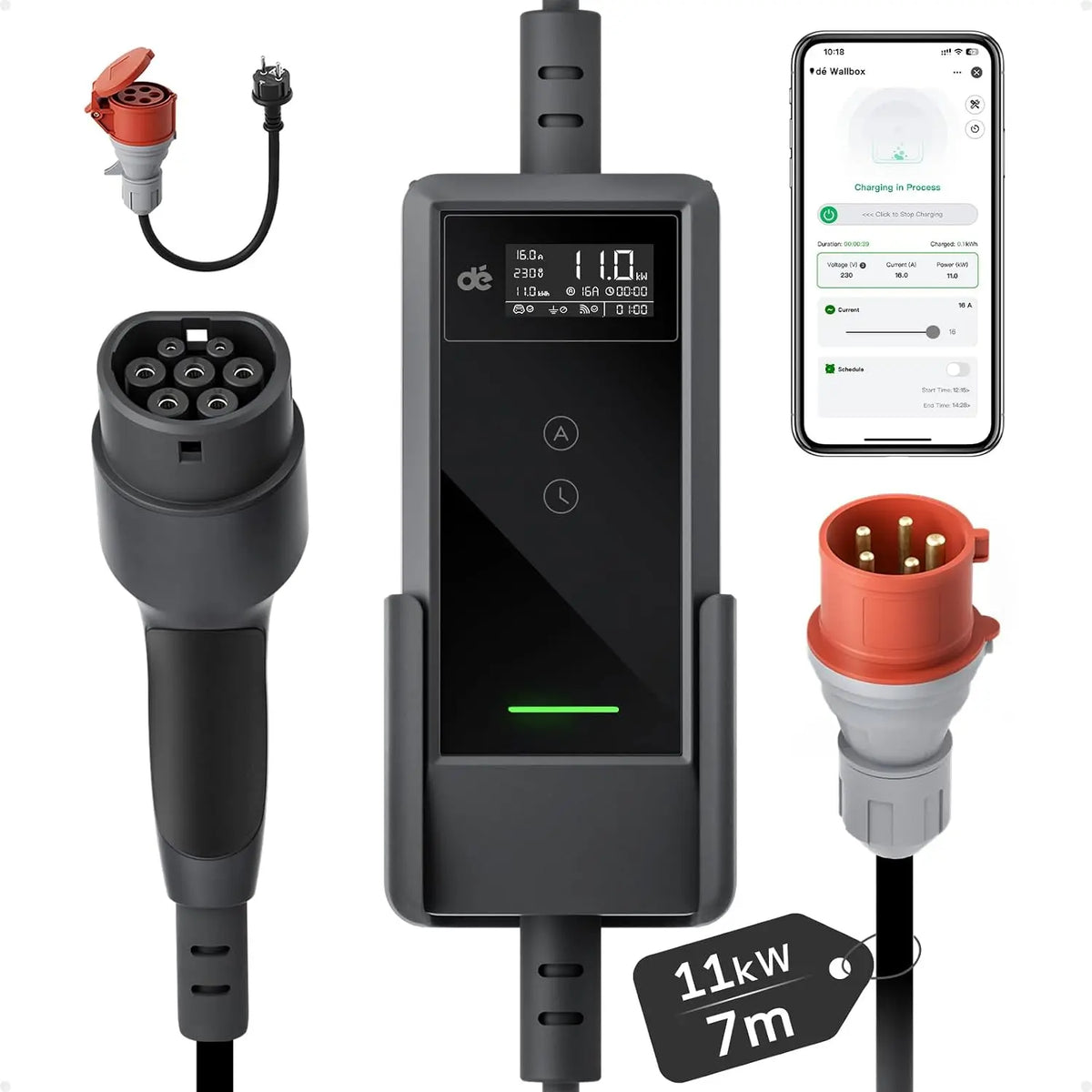 d¨¦ Mobile Wallbox 11kW con App, Cable de Carga Tipo 2 7 m, trif¨¢sico 6, 16 A, Cargador para Coche el¨¦ctrico CEE 16A 400V con Potencia Ajustable, iX1