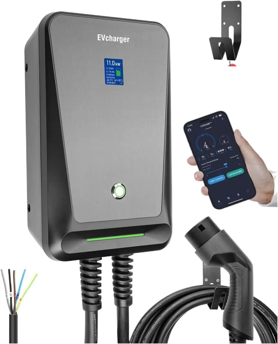Cargador de coche el¨¦ctrico Cargador EV Tipo 2 APP Control 16A Trif¨¢sico EVSE Wallbox Estaci¨®n de carga de coche el¨¦ctrico con cable de 6.1M 11KW 62
