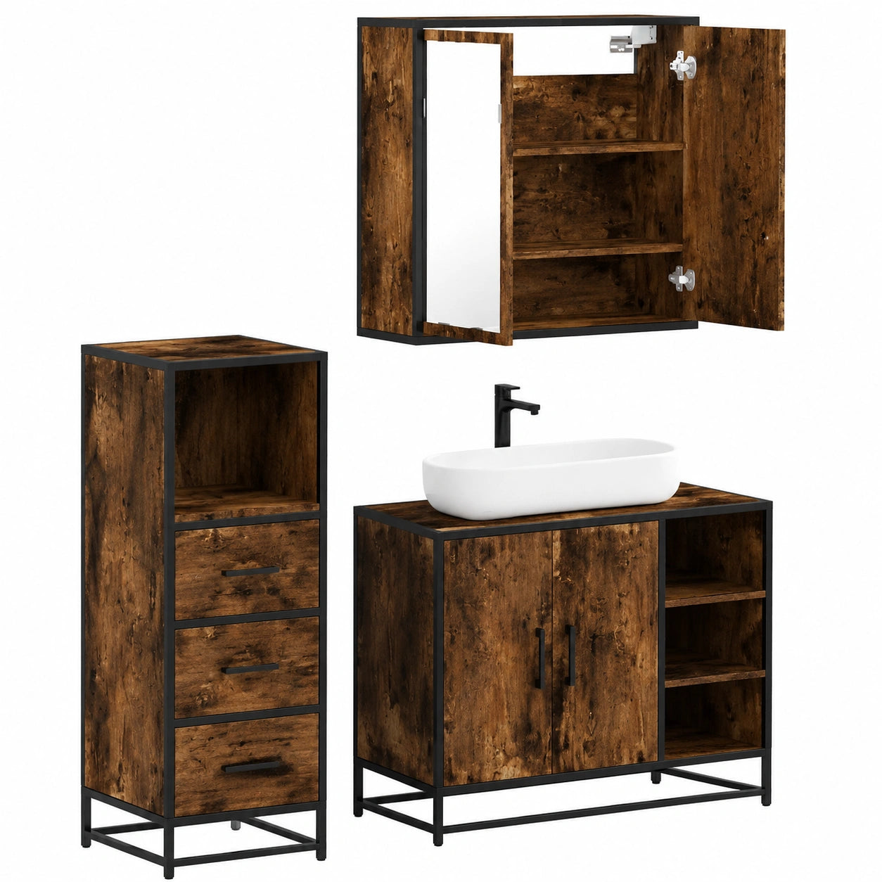 Conjunto de Muebles de Baño 3 Piezas Roble Ahumado