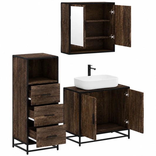 Conjunto de muebles de baño modernos en roble marrón con armarios y espejo