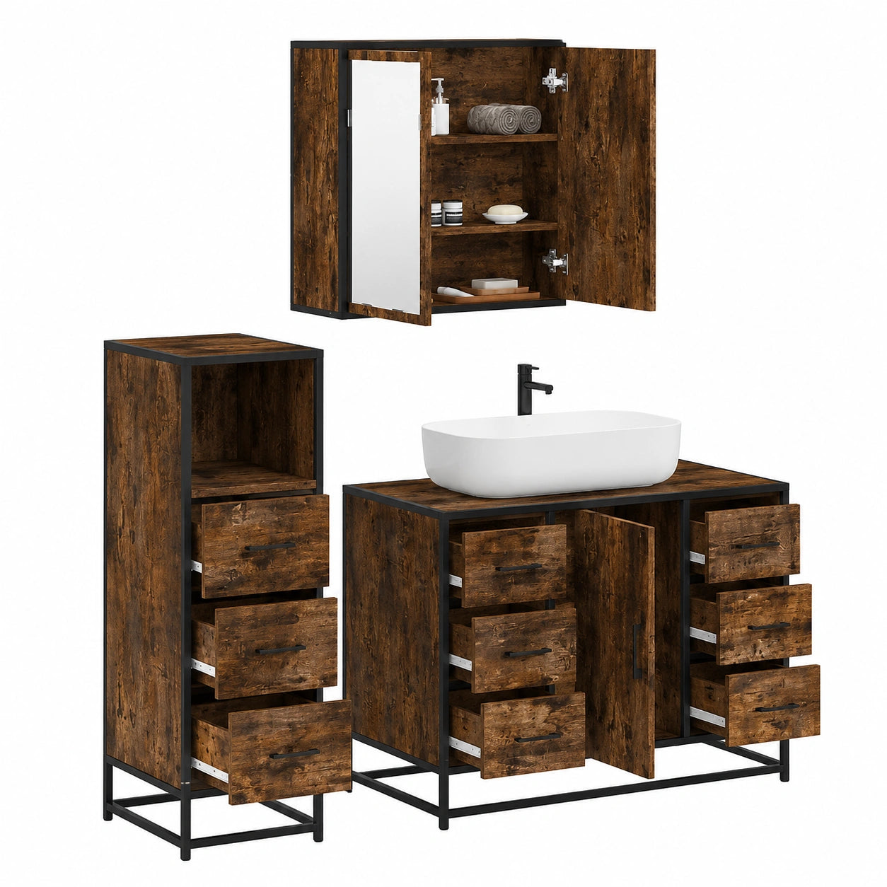 Conjunto de Muebles de Baño de 3 Piezas de Roble Ahumado
