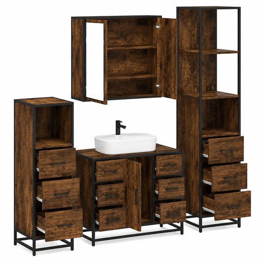 Conjunto Moderno de Muebles para Baño de Roble Ahumado con Espejo, 4 Piezas
