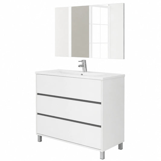 Conjunto de Mueble de Baño Moderno con Lavabo y Espejo, 80cm, 3 Cajones, Roble Cambrian