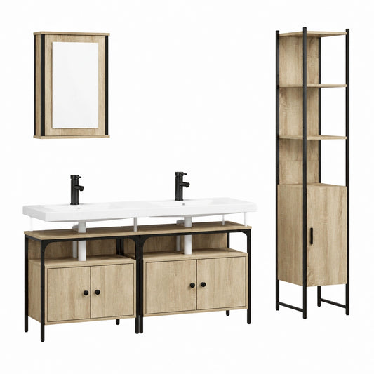 Conjunto de Muebles de Baño de Roble Sonoma, 4 Piezas: Armario con Espejo, Gabinete para Lavabo y Almacenamiento Vertical
