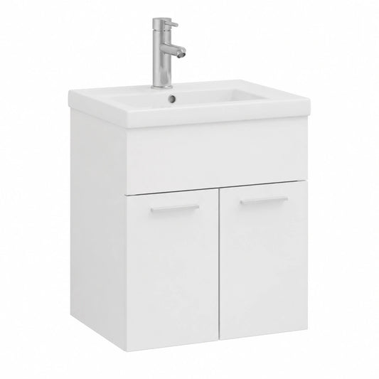 Conjunto de baño moderno de madera blanca con espejo y armario