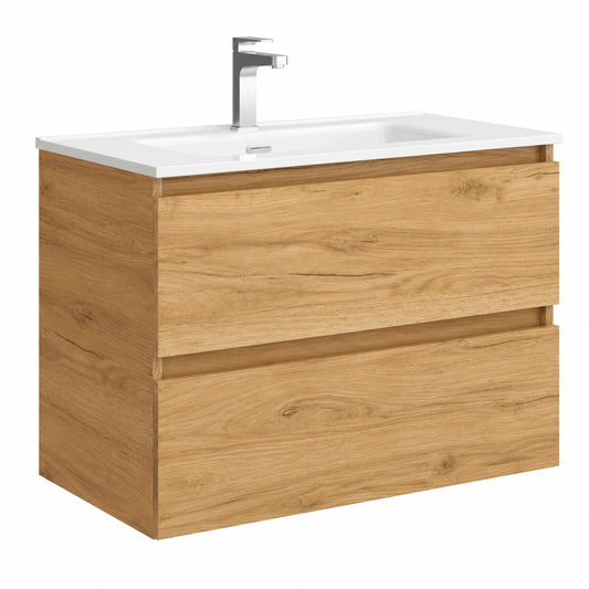 Mueble de baño 80 cm con lavabo y acabado en roble, 2 cajones con cierre suave, porcelana blanca