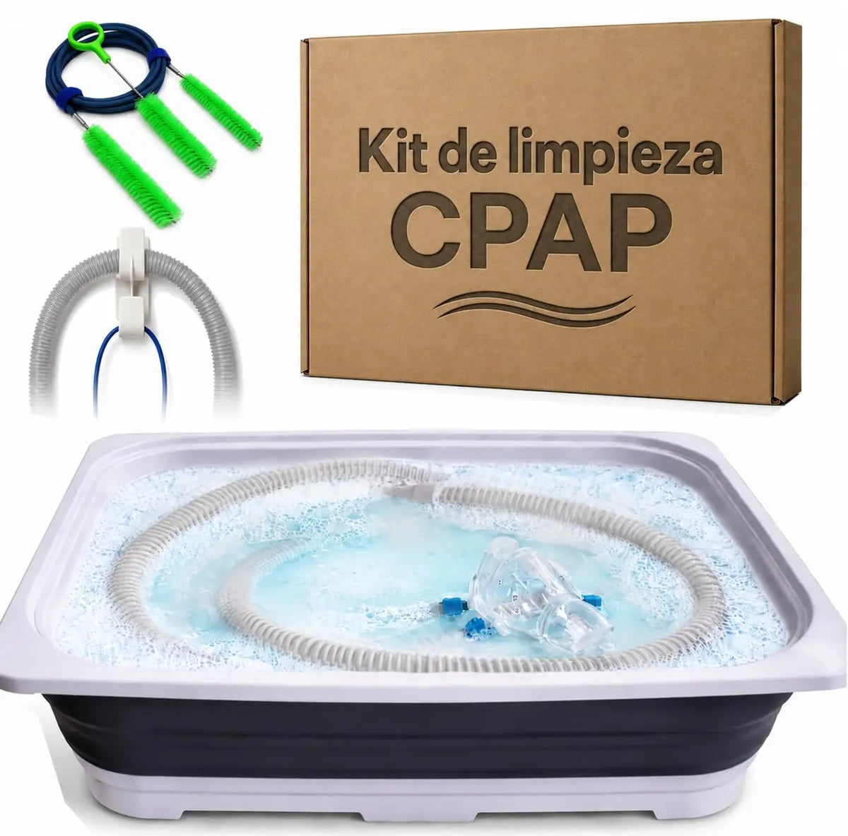 AVEEN CPAP & BiPAP conjunto de limpieza, cepillo de limpieza de tubo CPAP con palangana plegable y gancho de secado de tubo