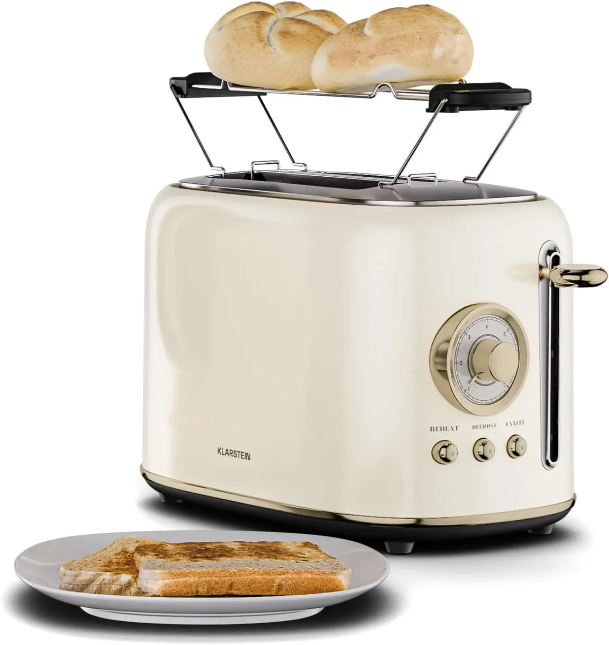 Klarstein Tostadora, Victoria, Tostadora retro de 2 rebanadas 800W, 7 niveles de tostado, funci¨®n descongelar y recalentar, calienta bollos