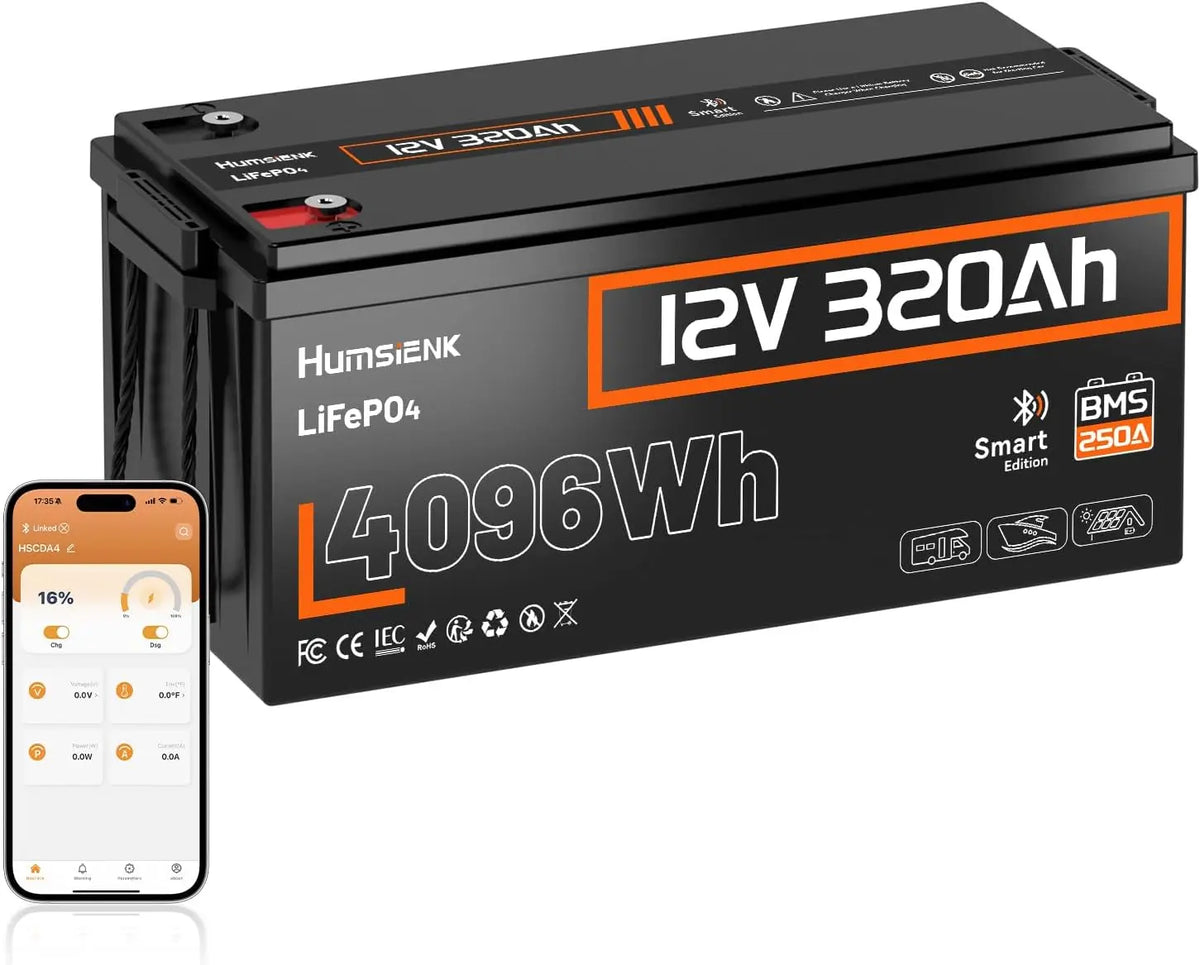 Humsienk Bater¨ªa Litio 12V 320Ah con Bluetooth, Bateria LiFepo4 4096Wh, 250 BMS con Protecci¨®n de Baja Temperatura, hasta 15000 Ciclos, Barco