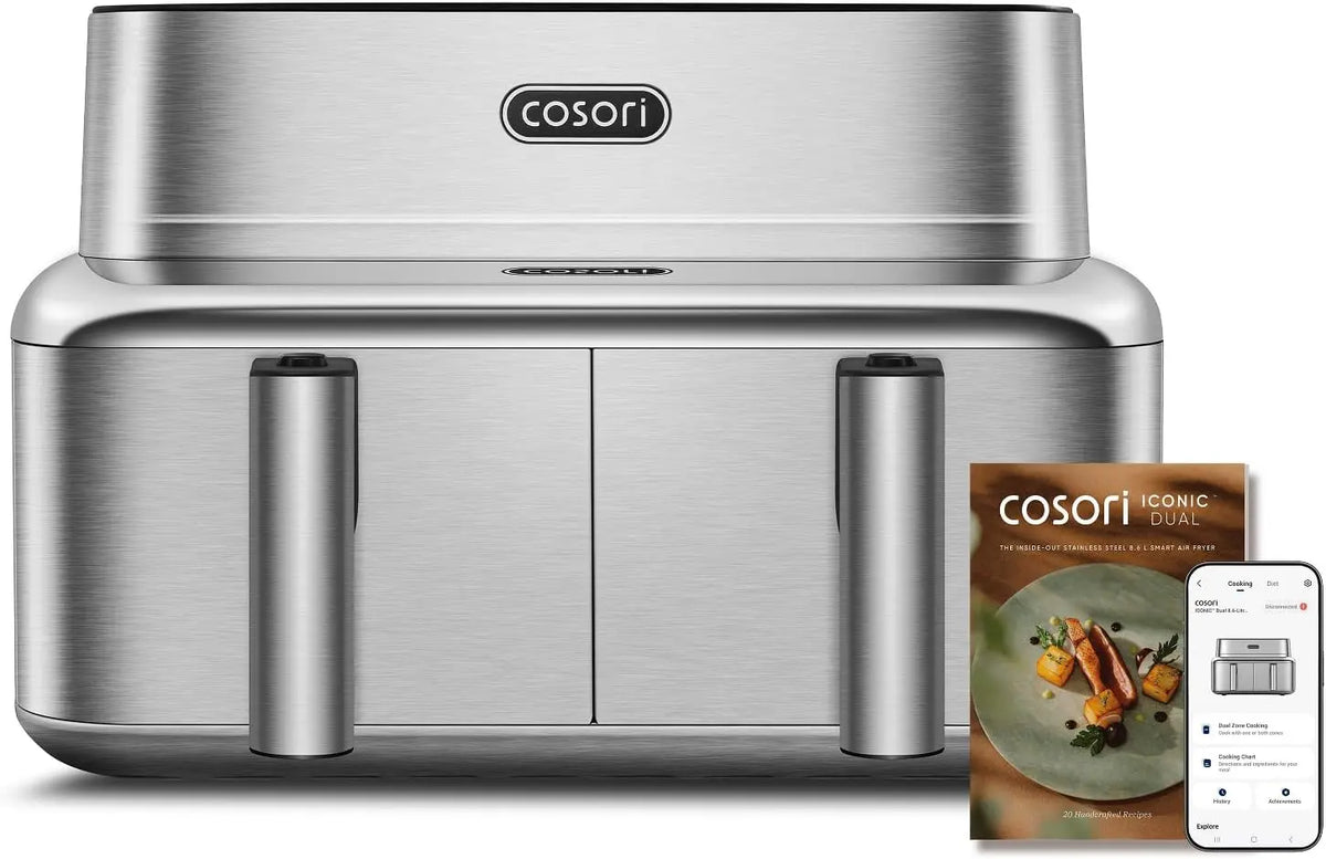 Cosori Iconic Dual Freidora de Aire 8, 6L, Doble Cesta, Acero Inoxidable