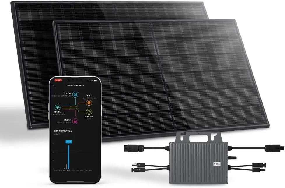 conjunto Solar Jard¨ªn Svan con 2 Paneles Solares Bifaciales de 435W, Microinversor Wifi 800W, Plug & Play, Control desde APP, Protecci¨®n IP68