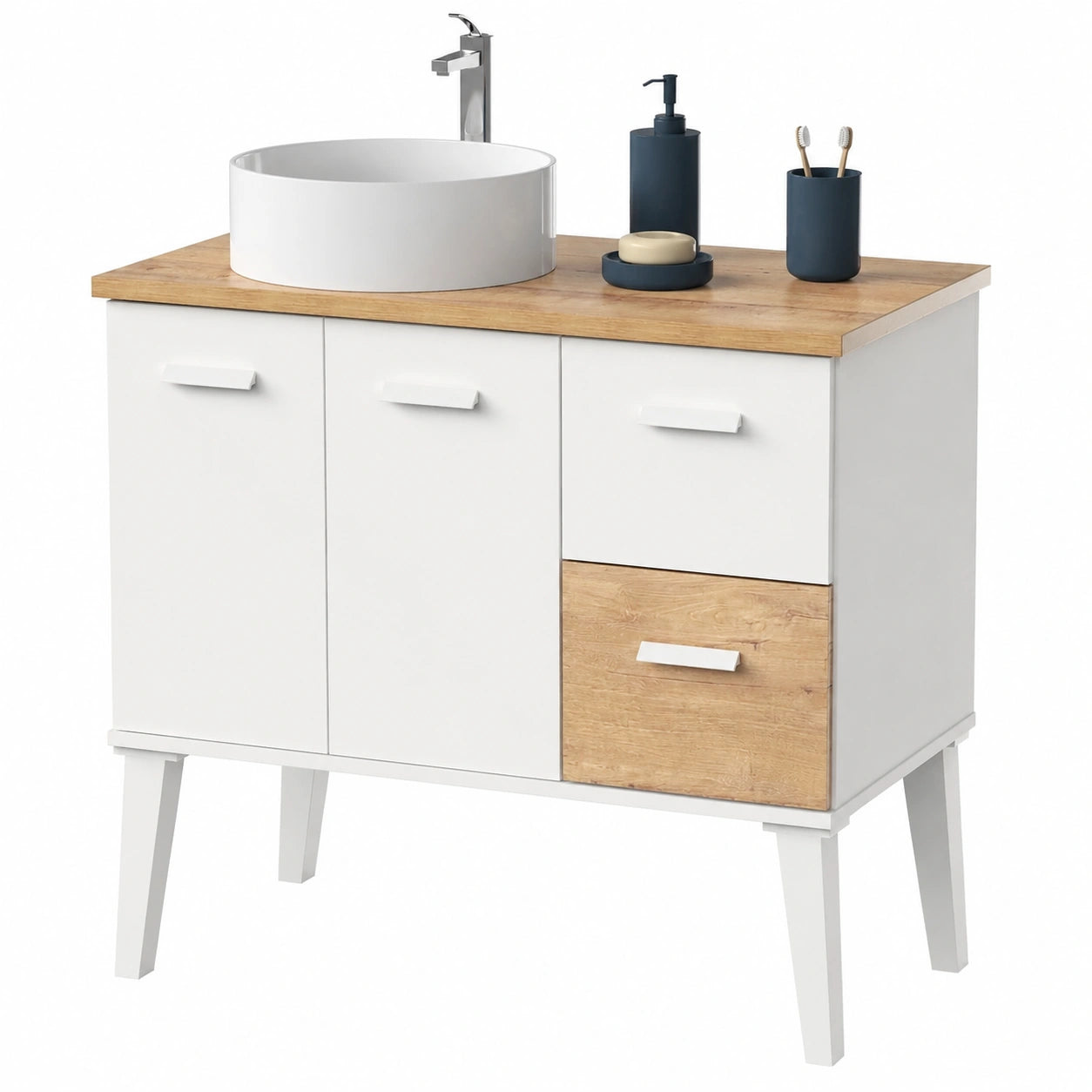 Mueble de Baño 80cm con Patas, 2 Cajones y 2 Puertas, Blanco y Roble Gold, Estilo Nórdico Moderno