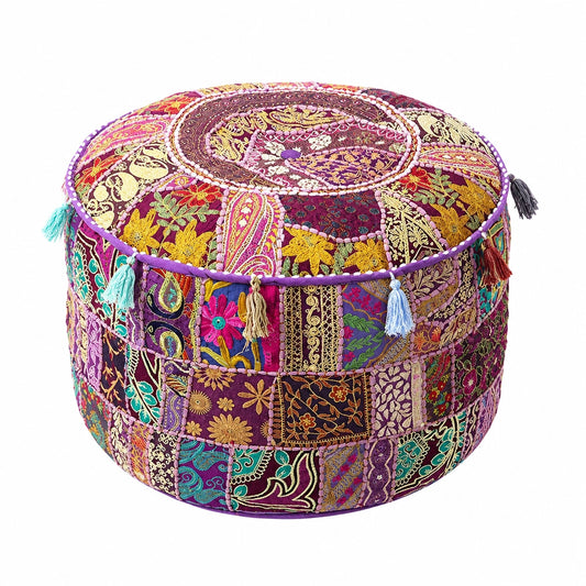 Puf Redondo Patchwork Bohemio Hecho a Mano - Morado, 43x30 cm
