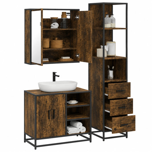 Conjunto de Muebles de Baño 3 Piezas Roble Ahumado con Espejo