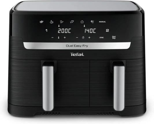 Tefal Dual Easy Fry EY9018, Freidora de aire caliente de doble c¨¢mara (5, 2/3, 1 L, dos cajones independientes, 7 programas autom¨¢ticos, color negro