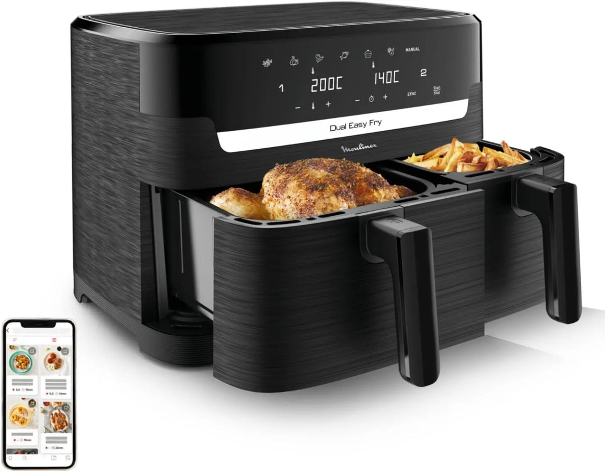 Moulinex XXL Dual Easy Fry 11L, Freidora de Aire de Doble Cesta +8 Personas, Dos cestas (6, 5 L + 4, 5 L), 7 Programas Autom¨¢ticos, EZ9428F0