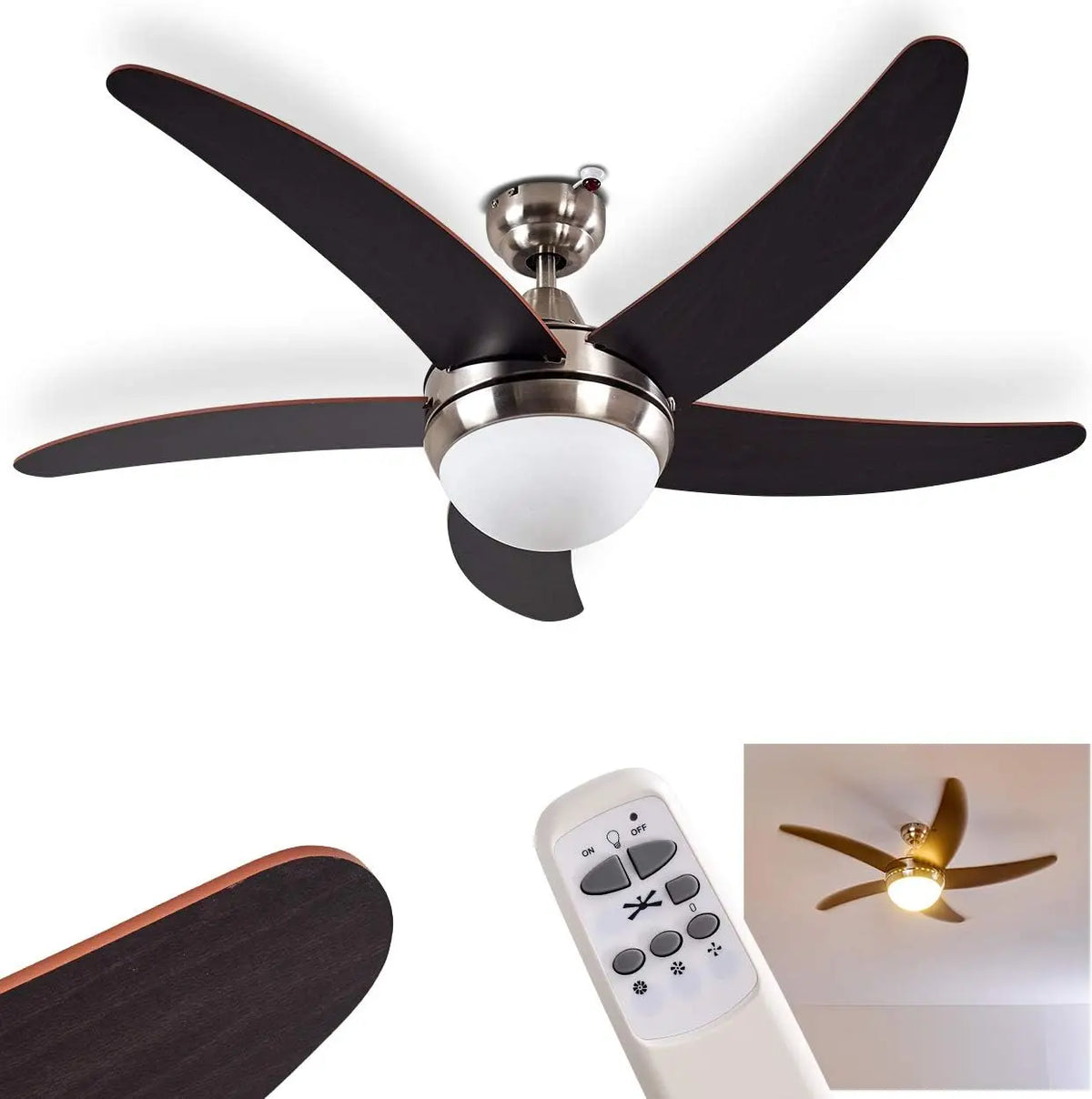 Ventilador de techo Morino de metal/madera/vidrio en n¨ªquel mate/marr¨®n, adecuado para verano e invierno, sin bombilla(s)