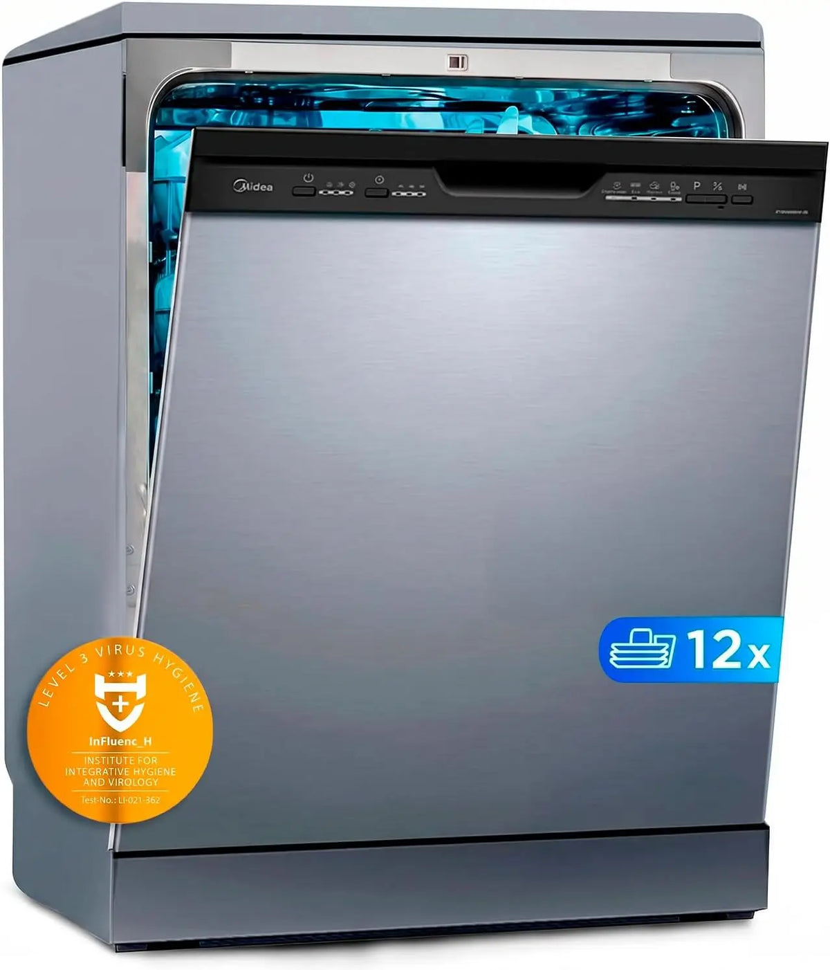 Midea Lavavajillas 60 cm+++ Inox para 12 servicios, Lavaplatos Libre Instalaci¨®n con 4 Programas, Silencioso 49dB, Filtro Antibacterias, Modo ECO