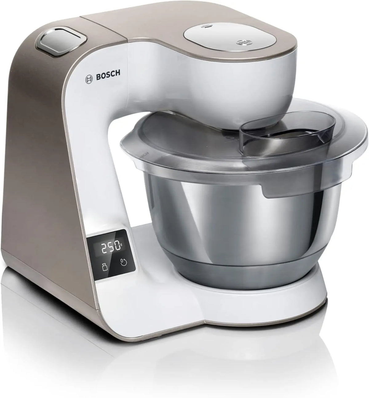 Bosch, Robot de cocina con b¨¢scula, MUM 5, 1000 W, cuenco de acero inoxidable (3.9 L), juego profesional de pasteler¨ªa, trituradora, blanco/champ¨¢n