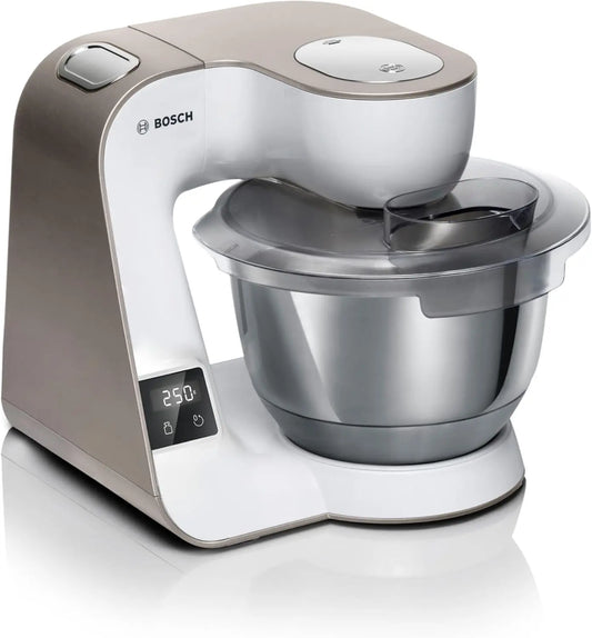 Bosch, Robot de cocina con b¨¢scula, MUM 5, 1000 W, cuenco de acero inoxidable (3.9 L), juego profesional de pasteler¨ªa, trituradora, blanco/champ¨¢n