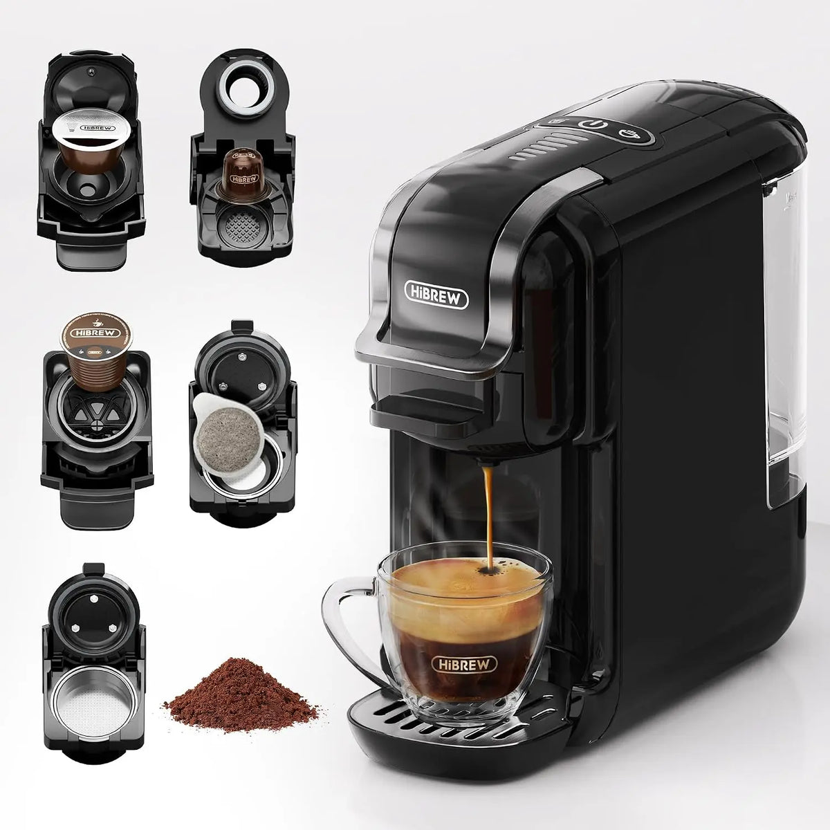 HIBREW Cafetera para Espresso, para bebidas calientes y fr¨ªas, infusi¨®n fr¨ªa, Oro c¨¢lido, 5 en 1, C¨¢psulas m¨²ltiples, Polvo, Molido (Negro)