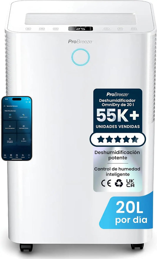 Pro Breeze OmniDry Deshumidificador 20L/D¨ªa hasta 30 M2, WiFI, Dep¨®sito 4L, Secado de Ropa, Sensor de Humedad, Temporizador 24H, Modo Nocturno