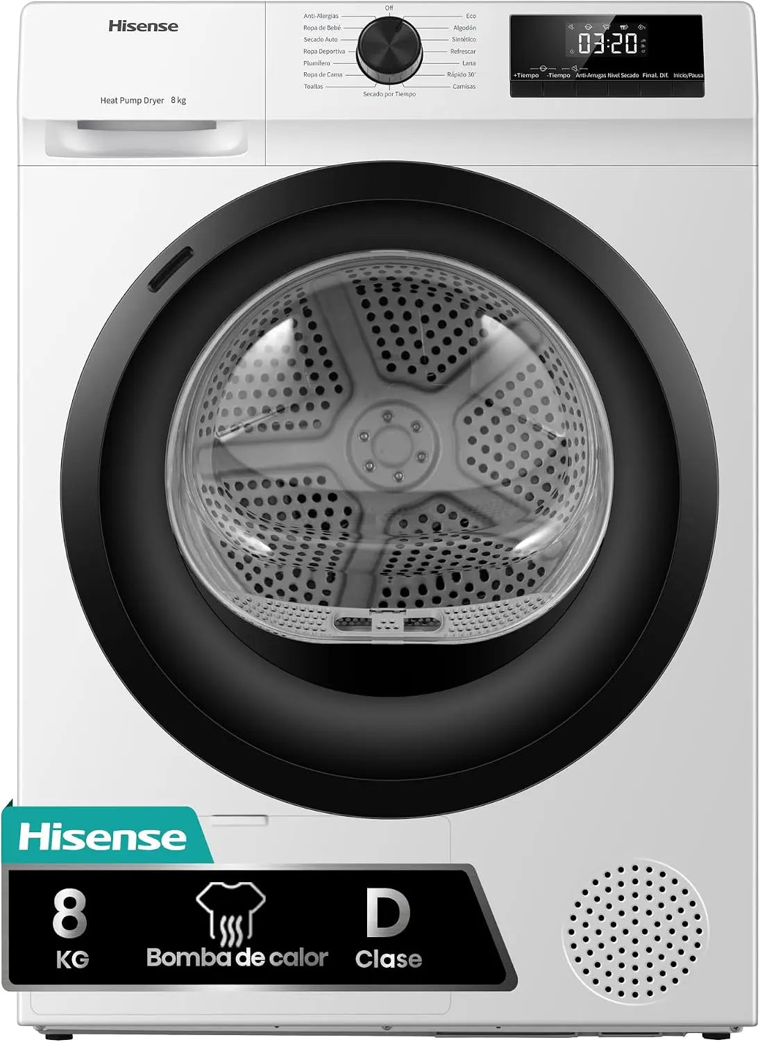 Hisense DHQE800BW2, Secadora de Ropa, 8Kg, Clase D, Ancho 60cm, 16 Programas, Secado Autom¨¢tico, Secado R¨¢pido, Secado Anti Arrugas, Bomba de Calor