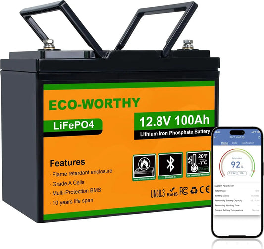 ECO-WORTHY Bateria LiFePO4 de 12V 100Ah con Bluetooth para autocaravanas