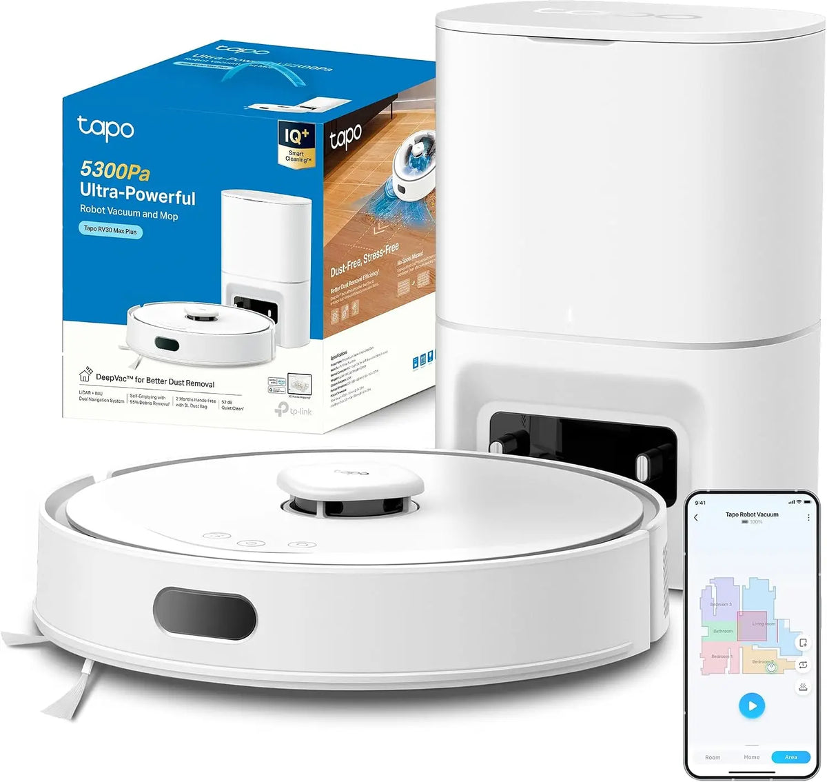 Tapo RV30 MAX Plus blanco-Robot Aspirador y Fregasuelos, Base Autolimpieza