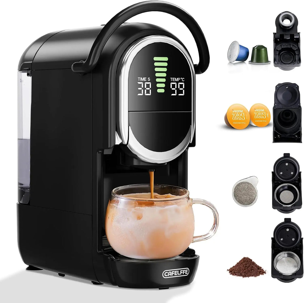 CAFELFFE MK-609S M¨¢quina de caf¨¦ de c¨¢psulas 4 en 1 con presi¨®n de 19 bar, 7 niveles ajustables, infusi¨®n en fr¨ªo, NES Original/DG/ESE