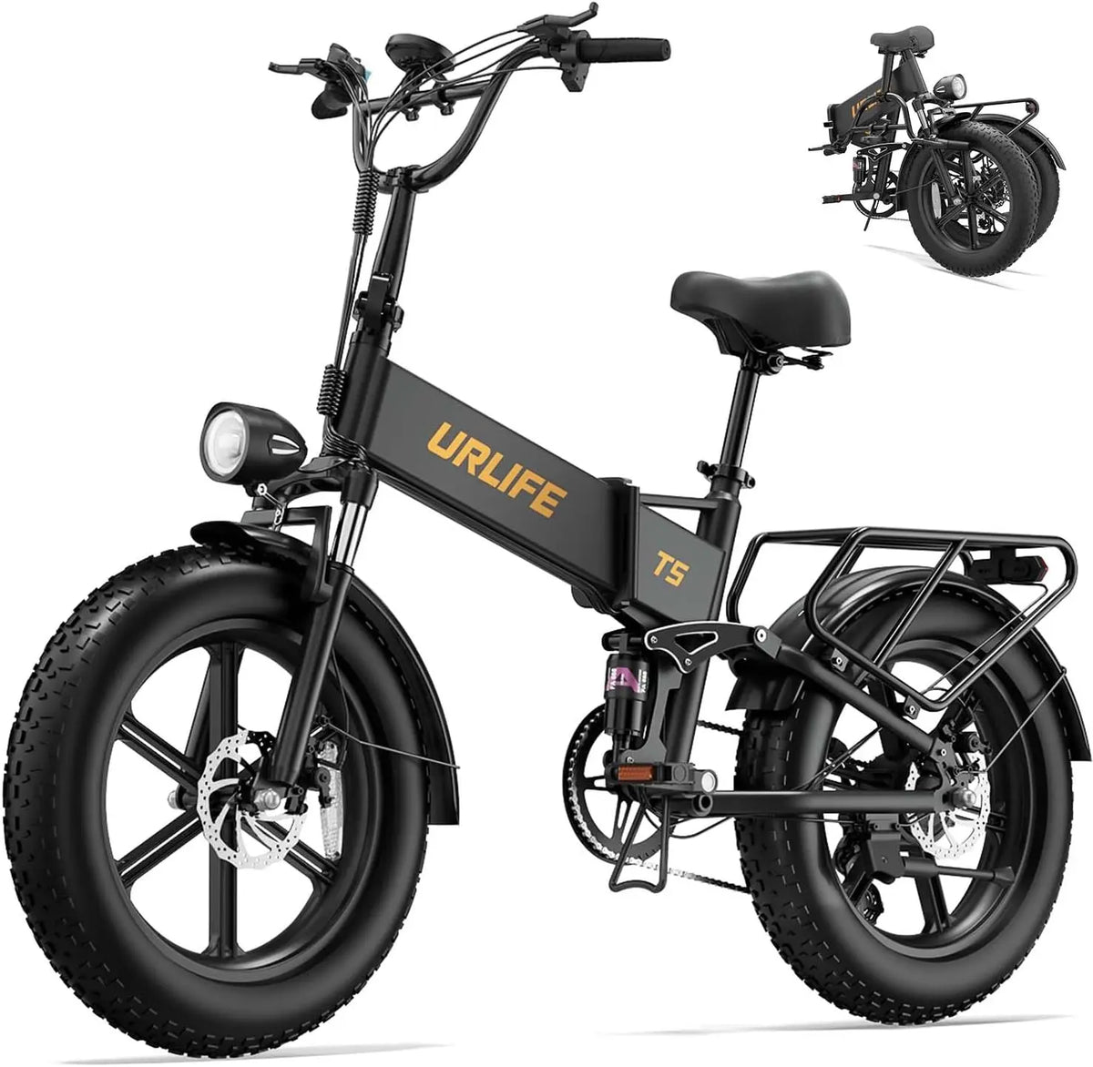 URLIFE Bicicleta el¨¦ctrica T5 para hombre de 20 pulgadas con bater¨ªa extra¨ªble de 48 V y 13 Ah, alcance de 80, 100 km, suspensi¨®n completa