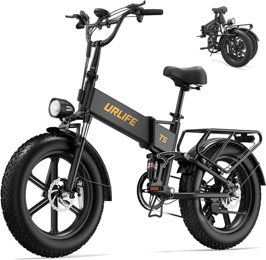 URLIFE Bicicleta el¨¦ctrica T5 para hombre de 20 pulgadas con bater¨ªa extra¨ªble de 48 V y 13 Ah, alcance de 80, 100 km, suspensi¨®n completa