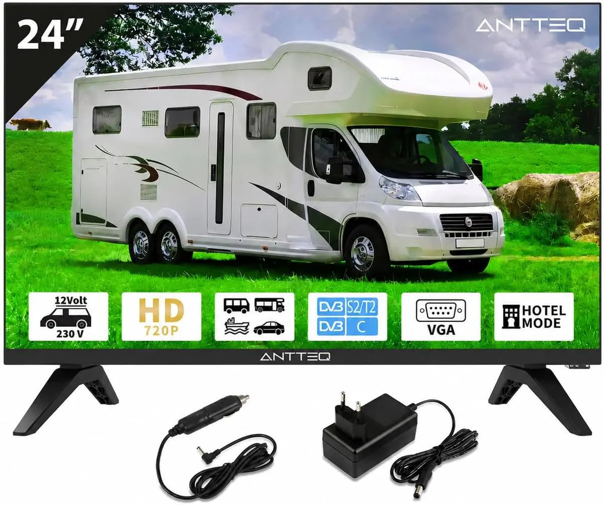Antteq AE24H5C Televisor LED 24 Pulgadas (60 cm) HD con12V, Triple Sintonizador DVB-C/T2/S2, Modo Hotel, Audio Dolby, Conexiones SCART & Ci+, Hotel
