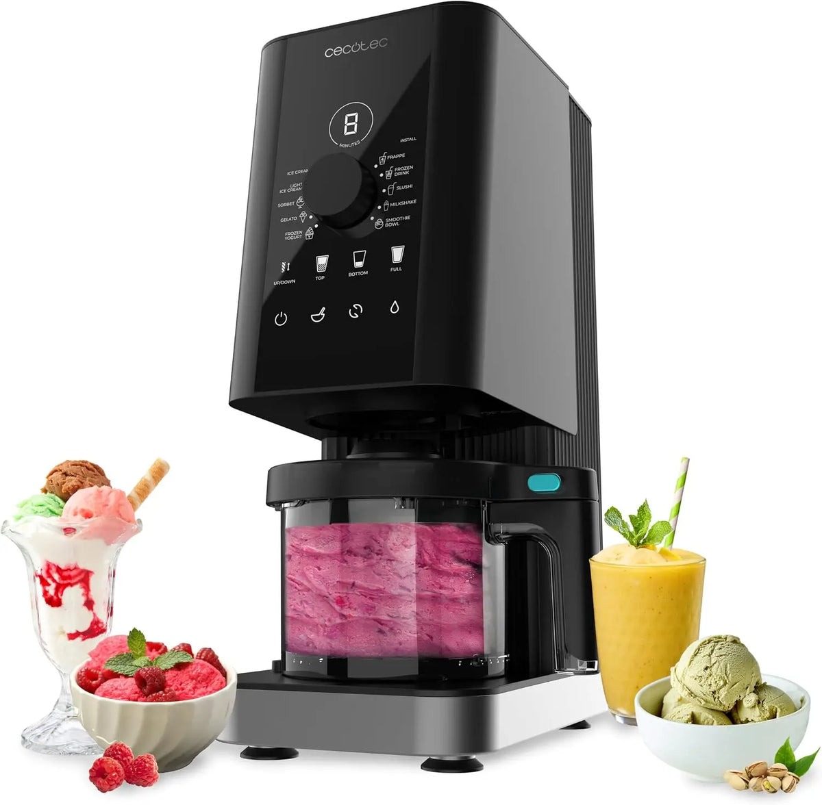 Cecotec M¨¢quina de Helados, Heladera, 1, 35L, Gelatec 1800. 700W, 10 Programas, Botones T¨¢ctiles y Mando Giratorio, Helados y Bebidas en 3 Pasos