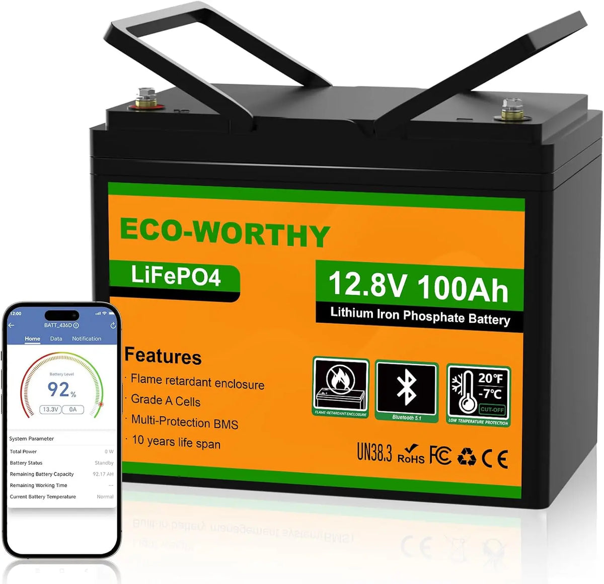 ECO-WORTHY Bateria LiFePO4 12v 100Ah Bluetooth Baja Temp.