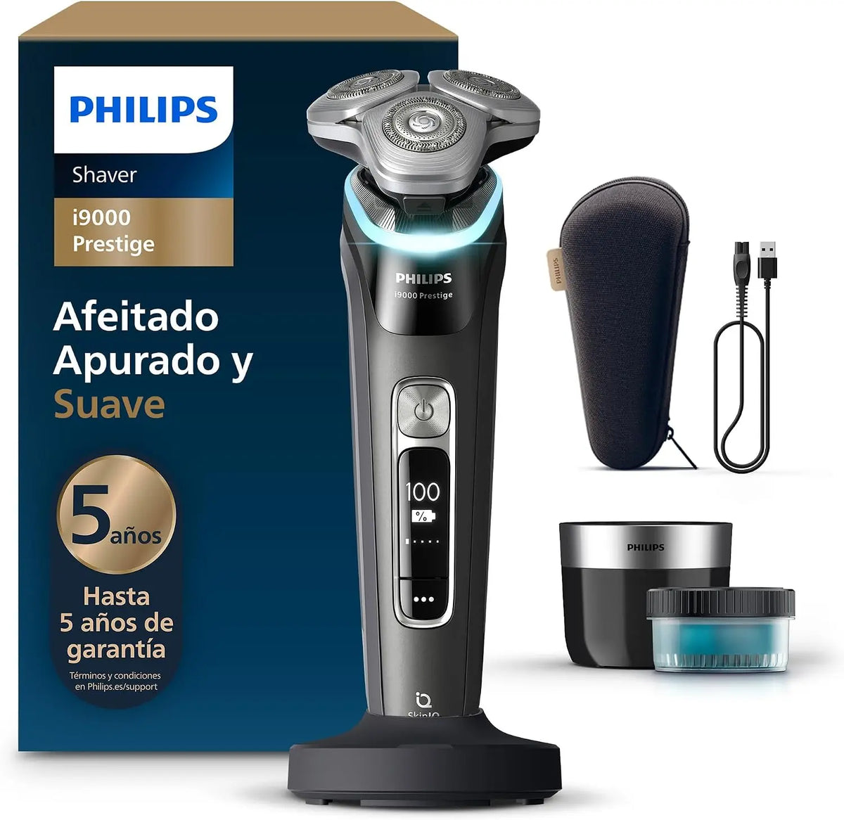 Philips i9000 Prestige, Afeitadora El¨¦ctrica Hombre, M¨¢quina de Afeitar Barba en Seco y H¨²medo, Tecnolog¨ªa SkinIQ, Base de Carga, Recargable