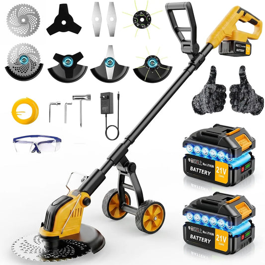 Desbrozadora el¨¦ctrica inal¨¢mbrica, 30CM Desbrozadora con Ruedas, 2 * 3.0 Ah Bater¨ªas y Cargador, Motor sin Escobillas 800W