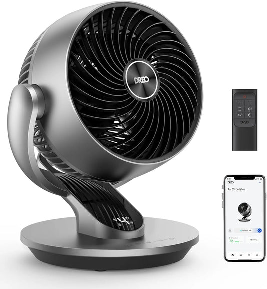 Dreo Ventilador de mesa inteligente, 28 dB, di¨¢metro de 18 cm, 4 velocidades, 5 modos, temporizador 12h, oscilaci¨®n 120¡ã + 90¡ã, Lynx S, plateado