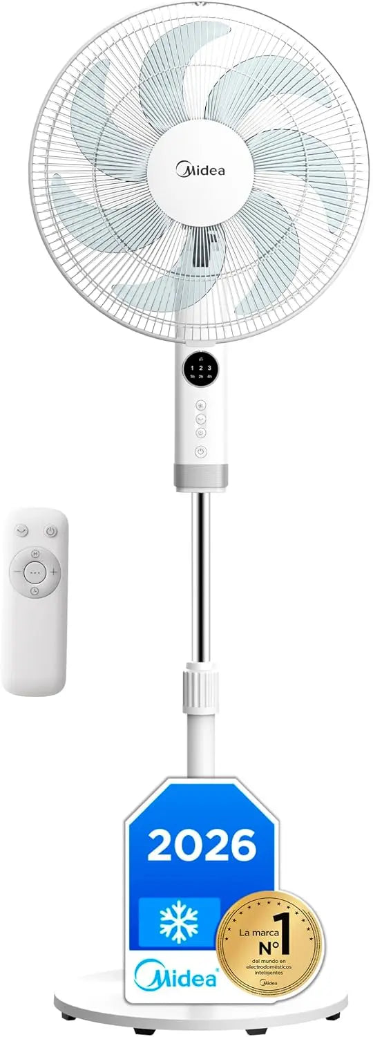 Midea Ventilador de Pie silencioso con Mando a Distancia y 3 velocidades, Panel LED, Potente Motor, Altura Ajustable