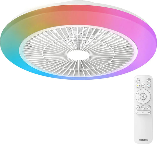 PHILIPS Amigo Ventilador de Techo 20 W + 40 W, Luz Blanca y de Colores, Di¨¢metro 49 cm, Mando a Distancia Incluido, Blanco
