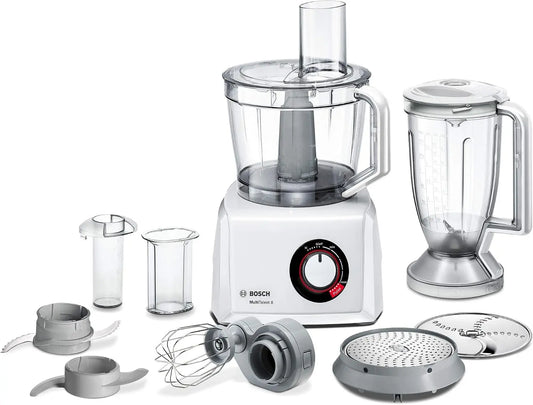 Bosch MultiTalent 8 MC812W501, Robot de cocina compacto (3, 9 L, batidora de 1, 5 L, cuchillo universal, disco para rallar, disco reversible